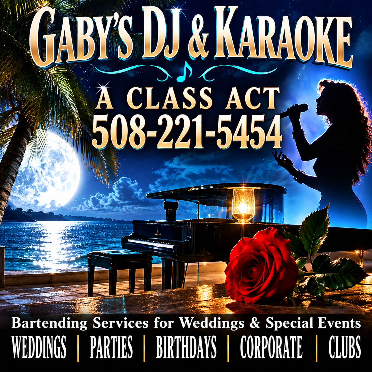 Gaby's DJ & Karaoke — A Class Act, 508-221-5454, moonlit waterfront promotional image